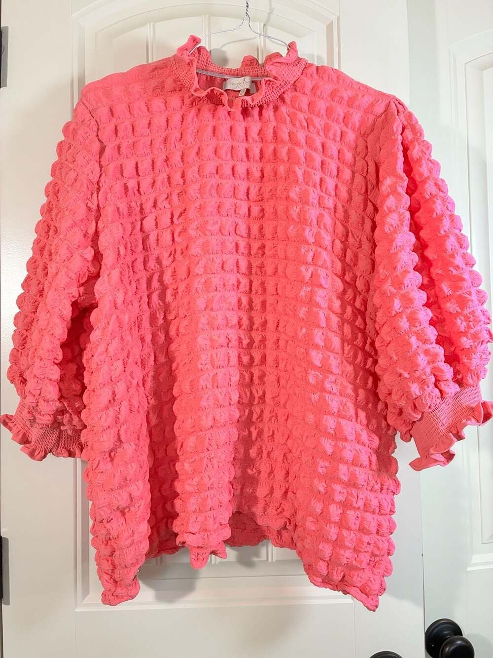 Simply Southern Pink Smocked Popcorn Textured Ruffled Mock Neck Top
